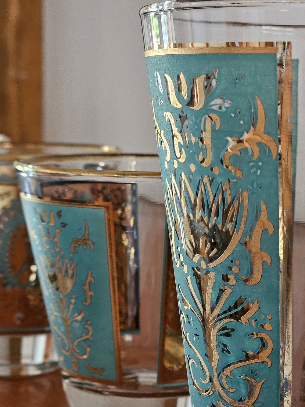 Vintage Dominion Glass Peacock Tumblers Set of 7, MCM Turquoise and Gold Glasses